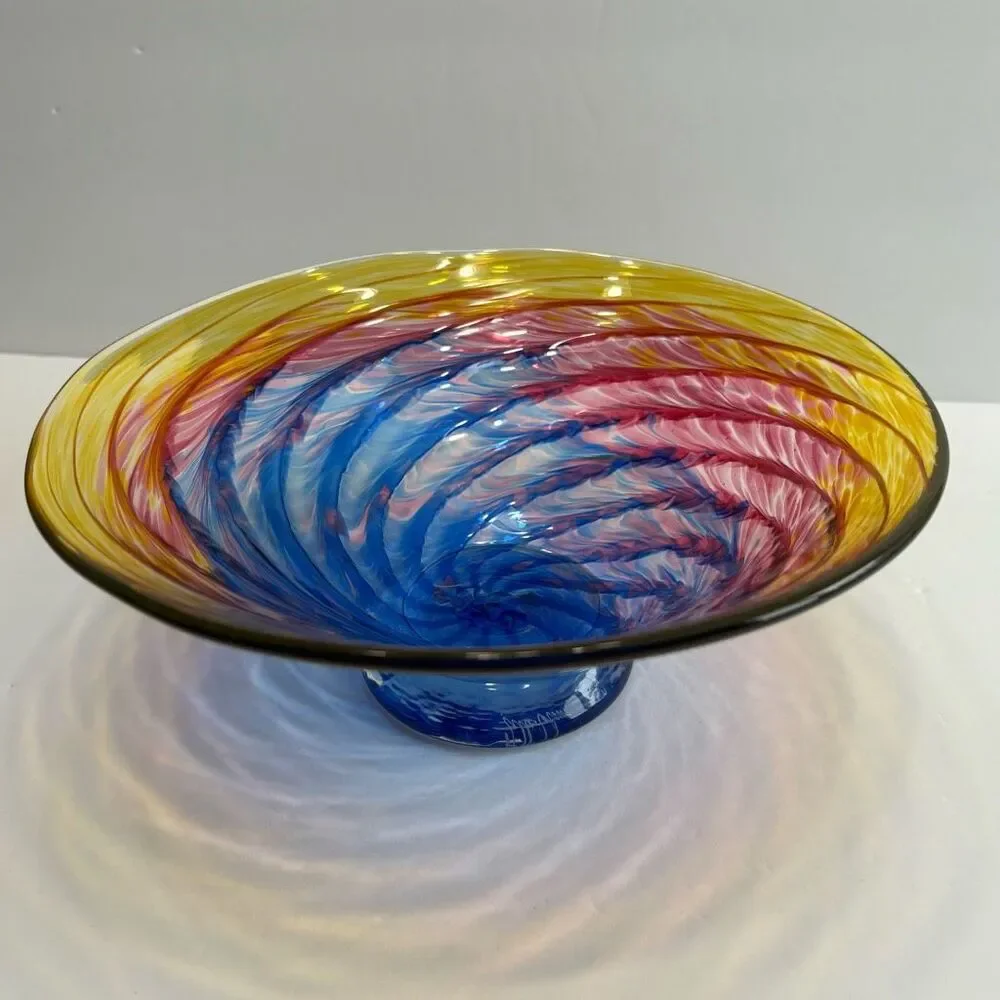 Hand Blown Glass Footed Wide Rim 9” Multicolor Swirl Glass Bowl